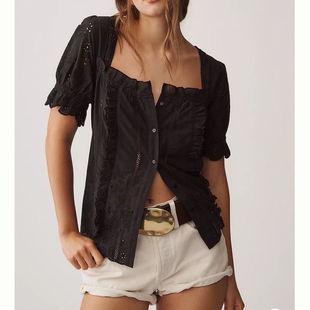 Anthropologie Puff-Sleeve Eyelet Top